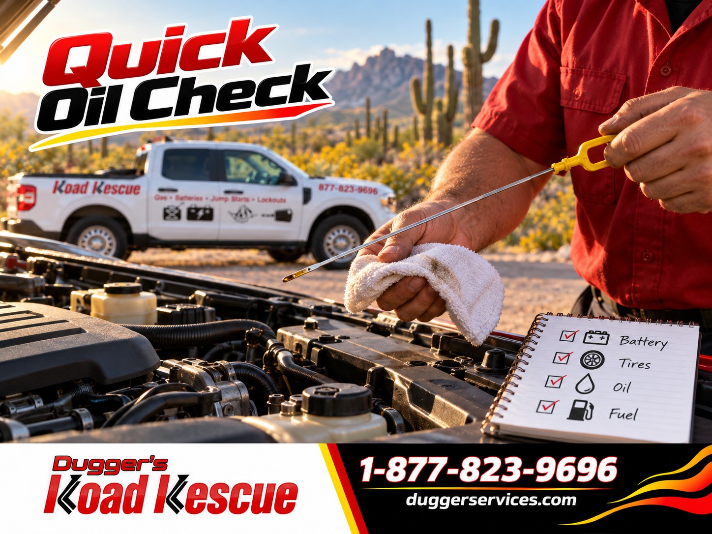 Technician checking engine oil with a four-item fall car checklist