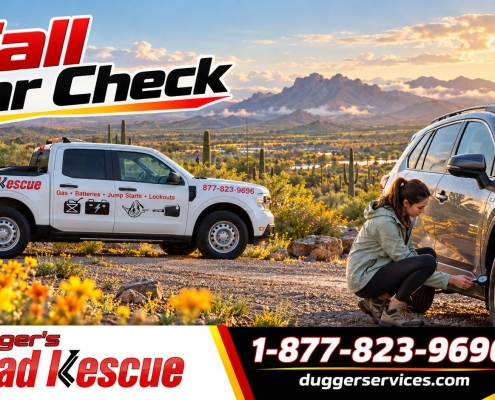 Driver checking tire pressure at a desert overlook in fall with a Dugger's Road Rescue truck nearby