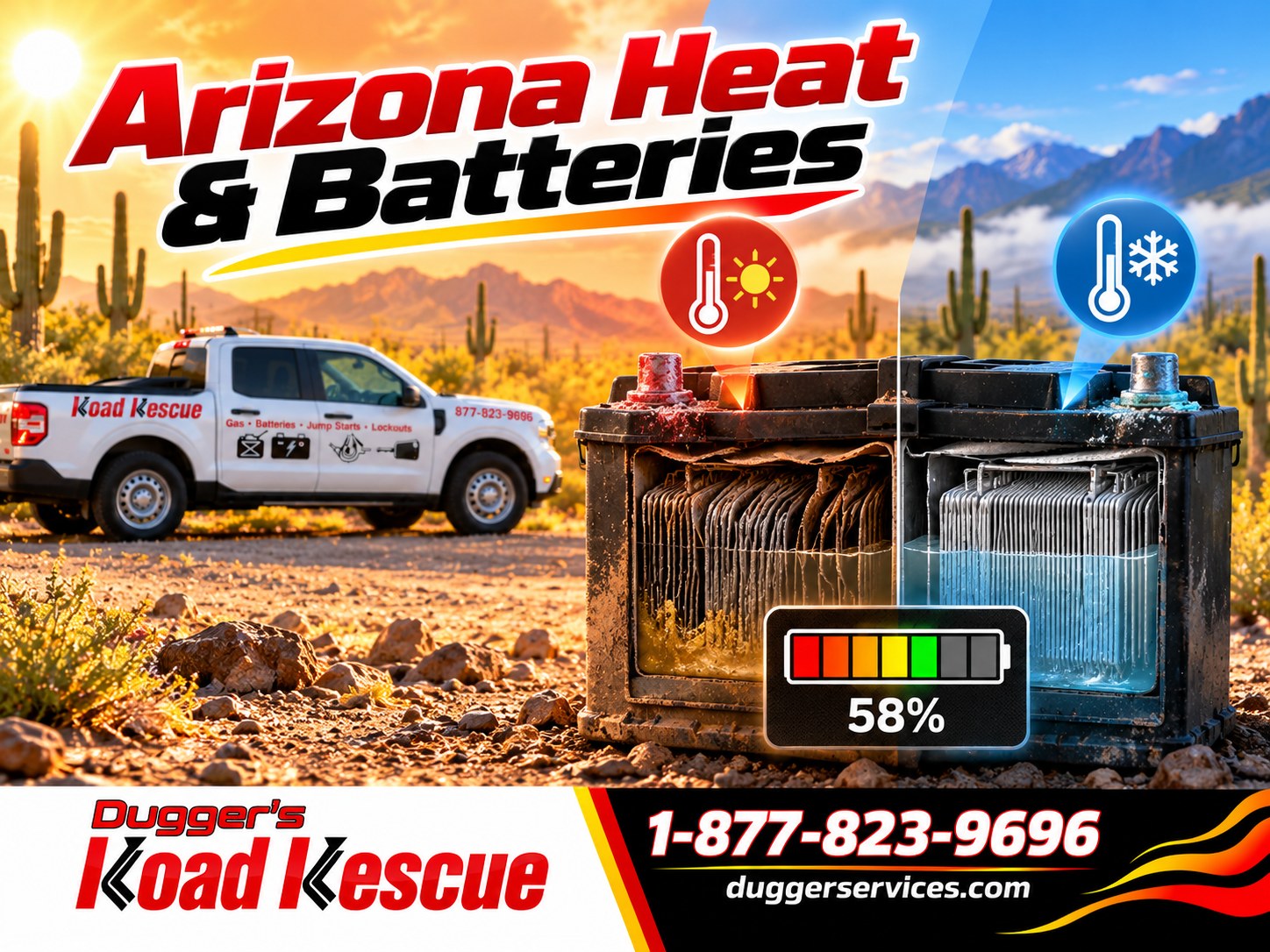 Cutaway of a car battery showing how heat and cold affect it