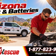 Technician checking a car battery in an Arizona driveway