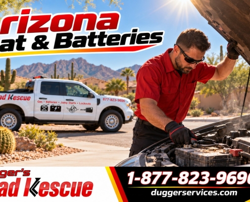 Technician checking a car battery in an Arizona driveway