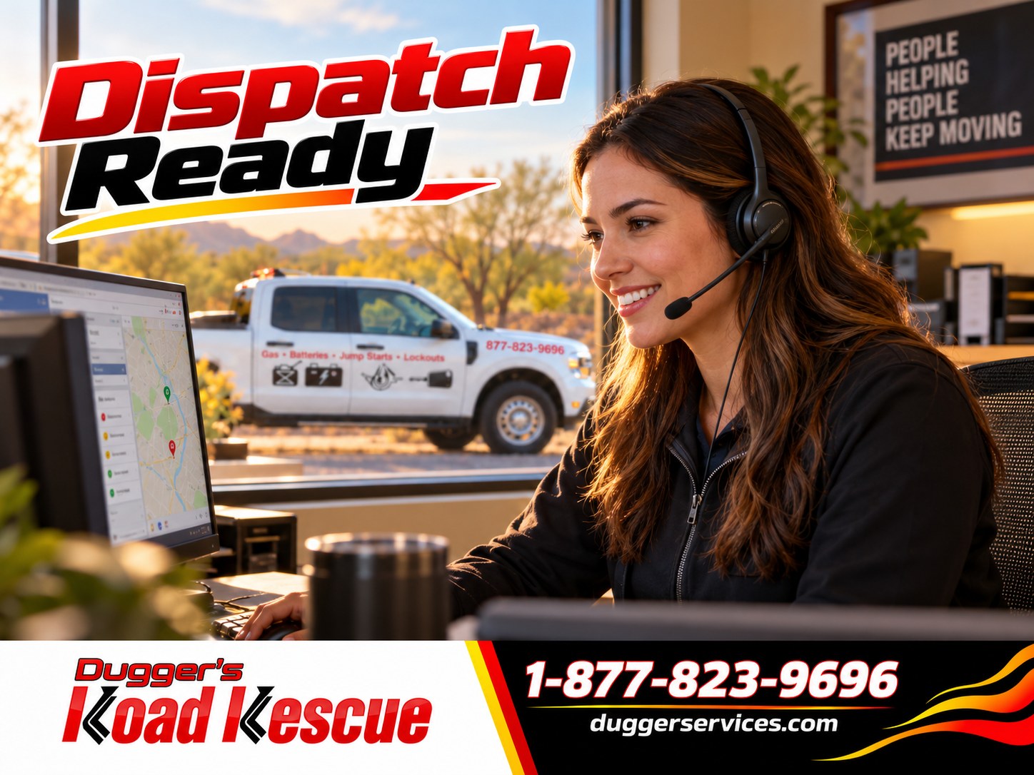 Dugger's dispatcher on a headset at her desk