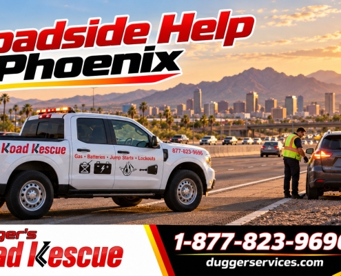 Dugger's Road Rescue truck helping a driver on a Phoenix freeway shoulder